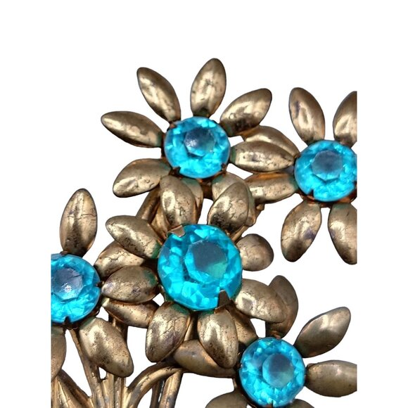Unsigned Early Miriam Haskell Flower Brooch Floral Bunch Blue Rhinestones - Picture 12 of 13